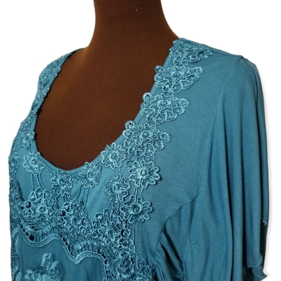 NWT One World Teal Lace Appliqué Top 1X Boho Cottagecore Ruched Butterfly Sleeve - Picture 6 of 11